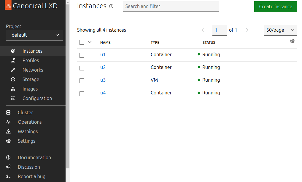 Instances view in the LXD UI